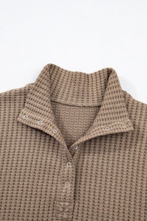 Women's Brown Waffle Textured Snap Button Collared Relaxed Fit Top