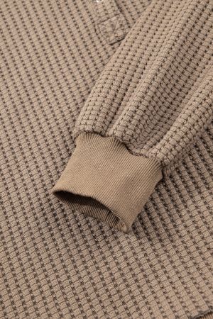 Women's Brown Waffle Textured Snap Button Collared Relaxed Fit Top