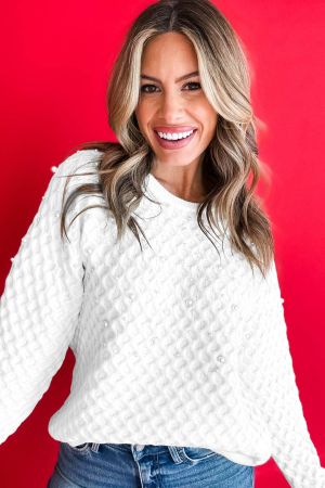 Women's White Textured Knit Sweater with Pearl Embellishments