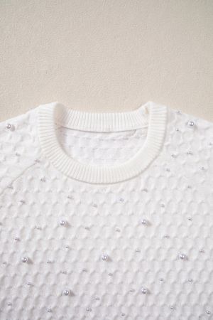 Women's White Textured Knit Sweater with Pearl Embellishments