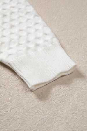 Women's White Textured Knit Sweater with Pearl Embellishments