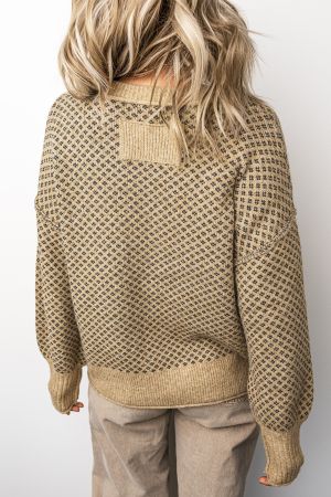 Women's Beige Geometric Print Drop Shoulder Round Neck Knit Sweater
