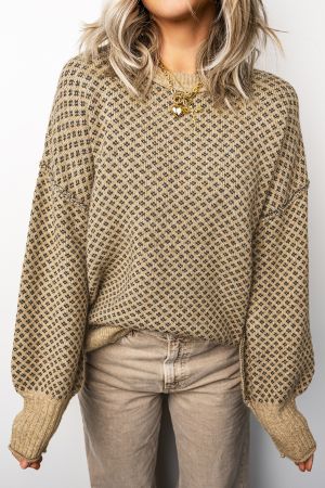 Women's Beige Geometric Print Drop Shoulder Round Neck Knit Sweater