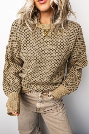 Women's Beige Geometric Print Drop Shoulder Round Neck Knit Sweater