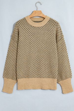 Women's Beige Geometric Print Drop Shoulder Round Neck Knit Sweater
