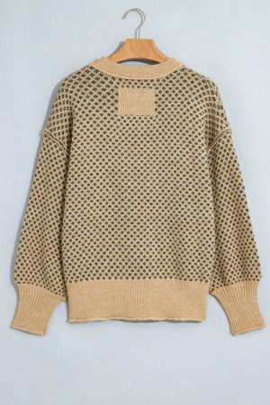 Women's Beige Geometric Print Drop Shoulder Round Neck Knit Sweater