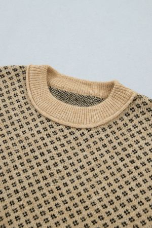 Women's Beige Geometric Print Drop Shoulder Round Neck Knit Sweater