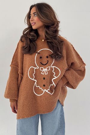 Дамски oversized коледен пуловер с принт на джинджифилово човече