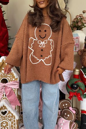 Дамски oversized коледен пуловер с принт на джинджифилово човече