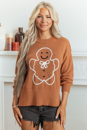 Дамски oversized коледен пуловер с принт на джинджифилово човече