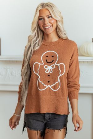 Дамски oversized коледен пуловер с принт на джинджифилово човече