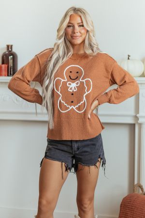 Дамски oversized коледен пуловер с принт на джинджифилово човече