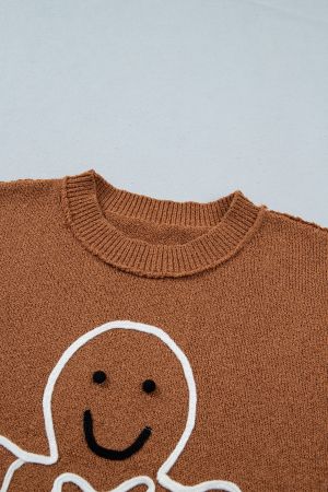Дамски oversized коледен пуловер с принт на джинджифилово човече