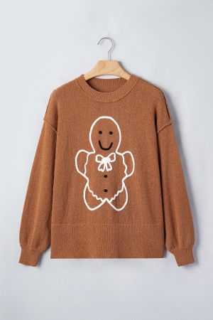 Дамски oversized коледен пуловер с принт на джинджифилово човече