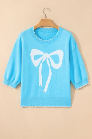 Women's Sky Blue 100% Cotton Bow Graphic Knit Sweater with Scalloped Trim