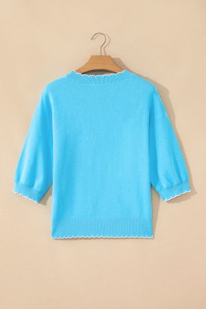 Women's Sky Blue 100% Cotton Bow Graphic Knit Sweater with Scalloped Trim