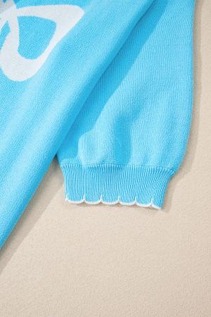 Women's Sky Blue 100% Cotton Bow Graphic Knit Sweater with Scalloped Trim