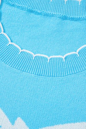 Women's Sky Blue 100% Cotton Bow Graphic Knit Sweater with Scalloped Trim