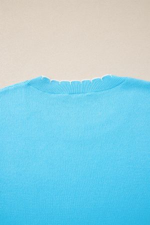 Women's Sky Blue 100% Cotton Bow Graphic Knit Sweater with Scalloped Trim