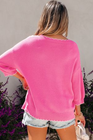 Women's Pink 100% Cotton Bow Graphic Knit Sweater with Scalloped Trim