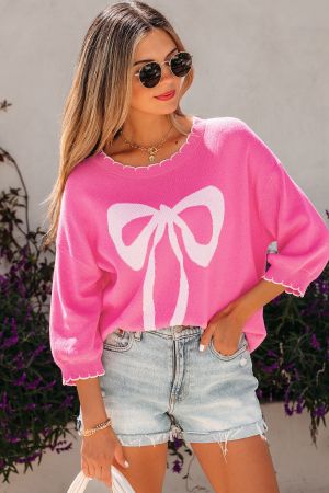 Women's Pink 100% Cotton Bow Graphic Knit Sweater with Scalloped Trim