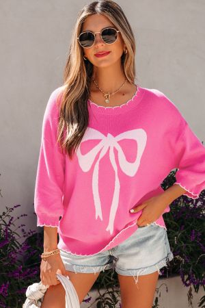 Women's Pink 100% Cotton Bow Graphic Knit Sweater with Scalloped Trim