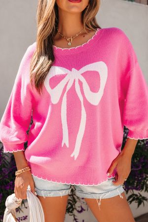 Women's Pink 100% Cotton Bow Graphic Knit Sweater with Scalloped Trim