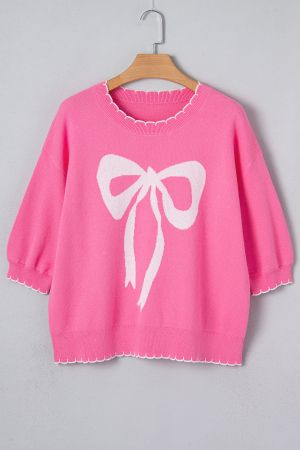 Women's Pink 100% Cotton Bow Graphic Knit Sweater with Scalloped Trim