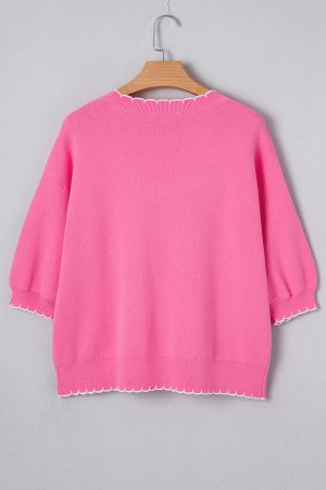 Women's Pink 100% Cotton Bow Graphic Knit Sweater with Scalloped Trim