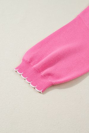 Women's Pink 100% Cotton Bow Graphic Knit Sweater with Scalloped Trim