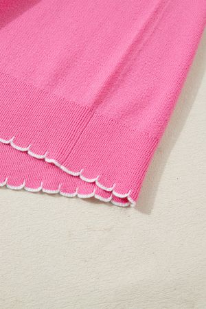Women's Pink 100% Cotton Bow Graphic Knit Sweater with Scalloped Trim