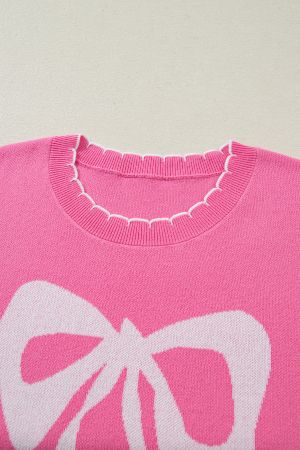 Women's Pink 100% Cotton Bow Graphic Knit Sweater with Scalloped Trim