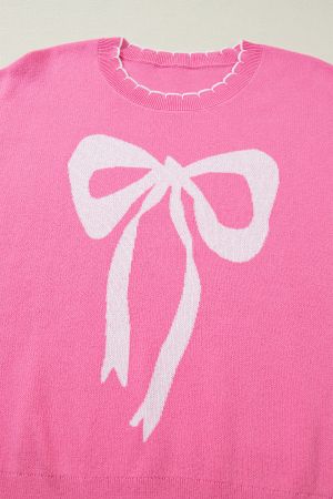 Women's Pink 100% Cotton Bow Graphic Knit Sweater with Scalloped Trim