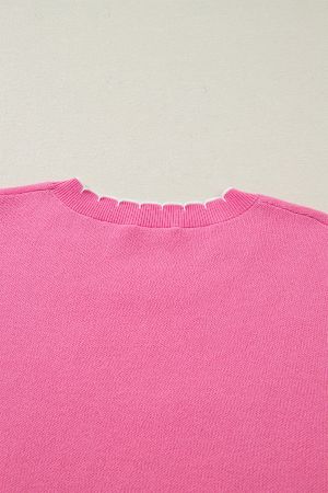 Women's Pink 100% Cotton Bow Graphic Knit Sweater with Scalloped Trim