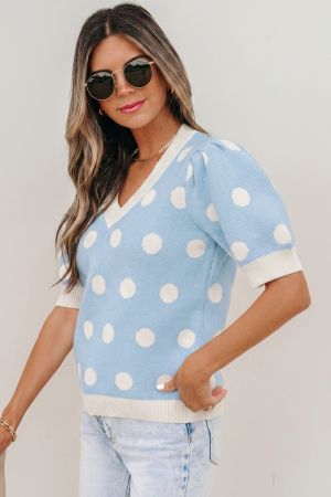 Women's Sky Blue Polka Dot Knit Sweater with Short Puff Sleeves