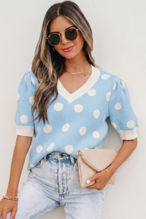 Women's Sky Blue Polka Dot Knit Sweater with Short Puff Sleeves