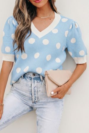Women's Sky Blue Polka Dot Knit Sweater with Short Puff Sleeves