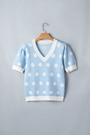 Women's Sky Blue Polka Dot Knit Sweater with Short Puff Sleeves