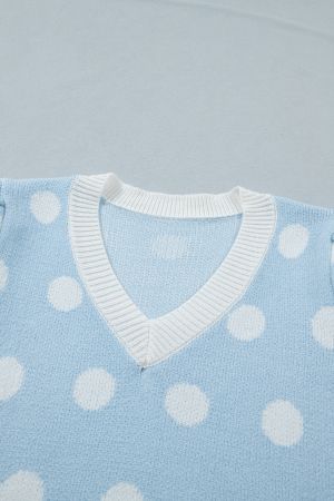 Women's Sky Blue Polka Dot Knit Sweater with Short Puff Sleeves