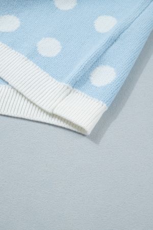 Women's Sky Blue Polka Dot Knit Sweater with Short Puff Sleeves