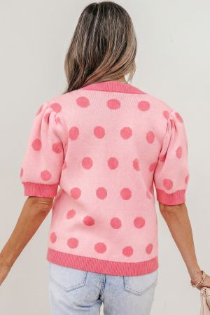 Women's Pink Polka Dot Knit Sweater with Short Puff Sleeves