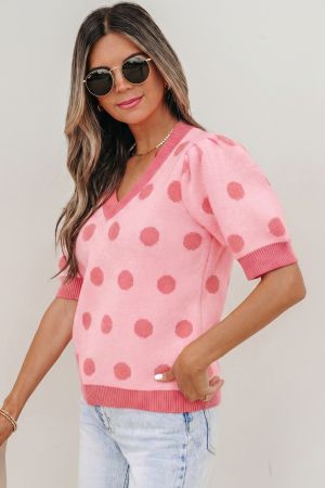 Women's Pink Polka Dot Knit Sweater with Short Puff Sleeves