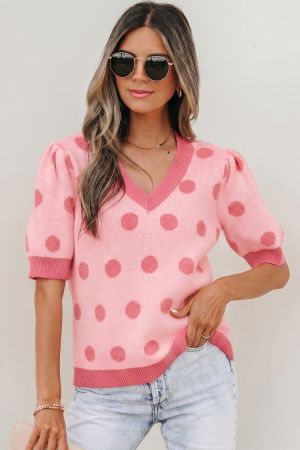Women's Pink Polka Dot Knit Sweater with Short Puff Sleeves