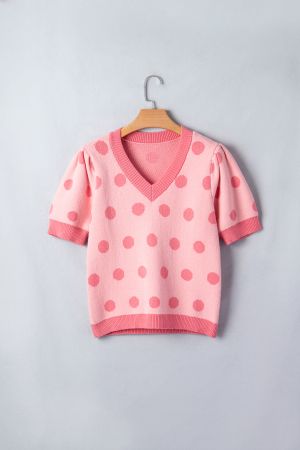 Women's Pink Polka Dot Knit Sweater with Short Puff Sleeves