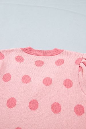 Women's Pink Polka Dot Knit Sweater with Short Puff Sleeves