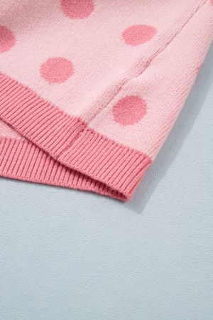 Women's Pink Polka Dot Knit Sweater with Short Puff Sleeves