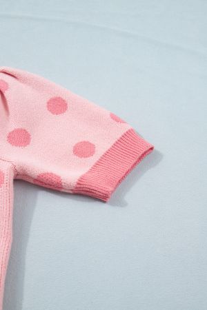 Women's Pink Polka Dot Knit Sweater with Short Puff Sleeves