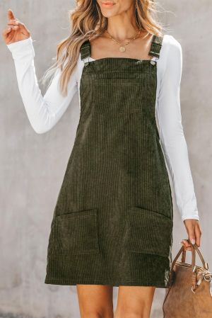 Women's Olive Green Corduroy Pinafore Dress