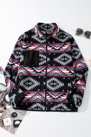 Women's Fleece Jacket with Geometric Aztec Print and Zipper