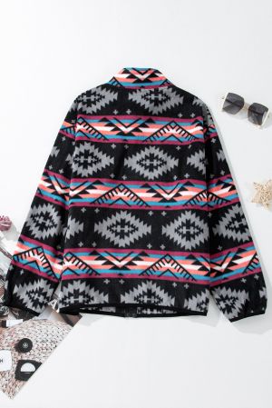 Women's Fleece Jacket with Geometric Aztec Print and Zipper